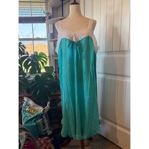Yakko Teal Turquoise Crinkle Gauze Lace Trim Nightgown Dress L
